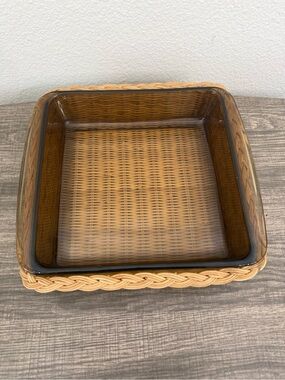 PYREX Fireside Square Amber Glass Casserole Dish with woven Basket Vintage
